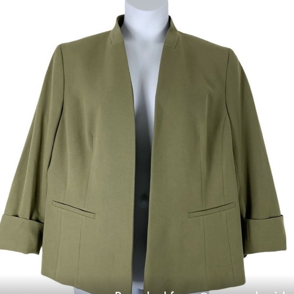 Nine West XL Blazer Cardigan Open Front Green Long Sleeve Shoulder Pads Womens